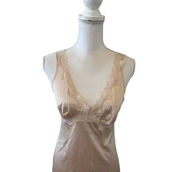 Vintage Full Slip Lace Trim Light Tan - Picture 2 of 4